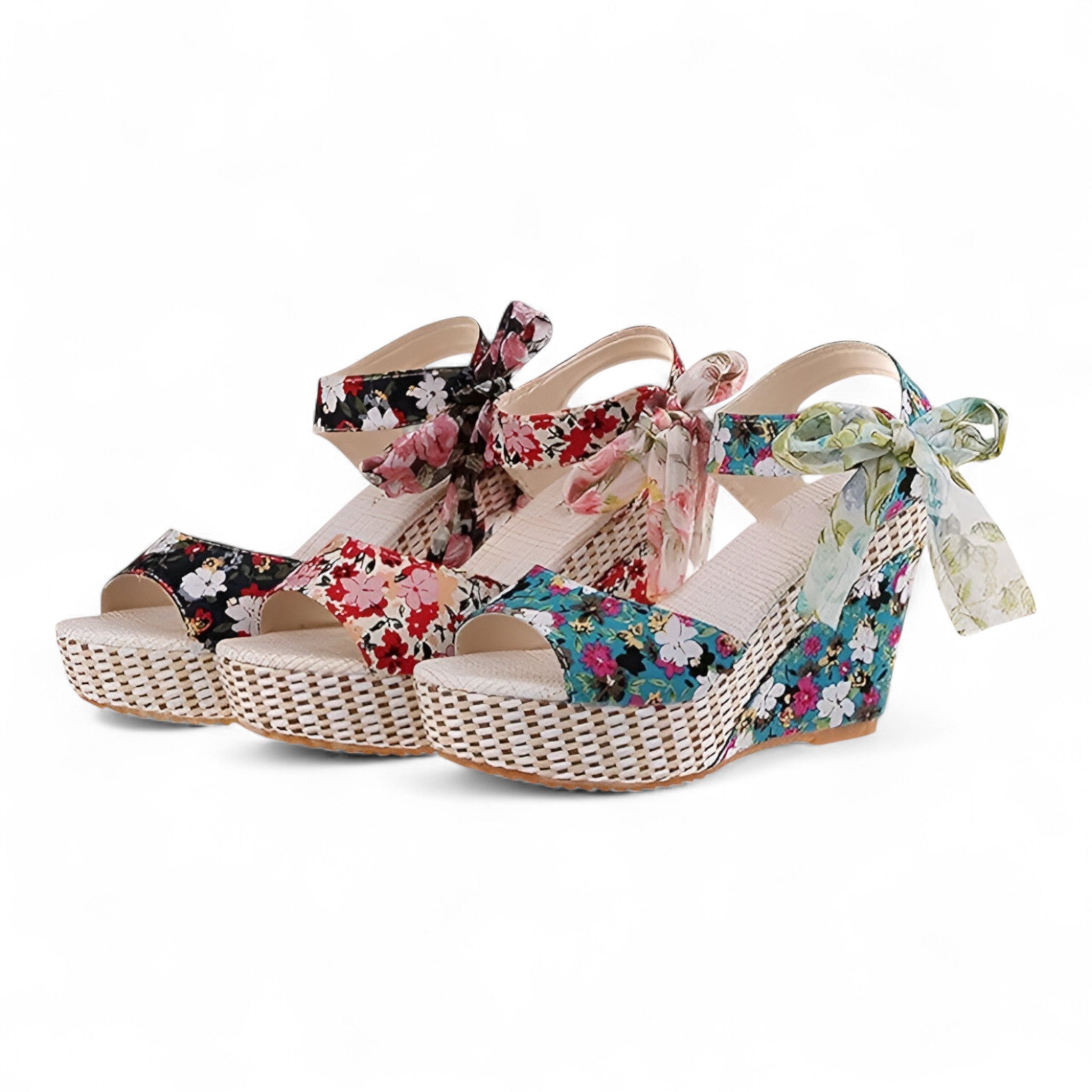 Sandalias florales cómodas para mujer en piel con cuña baja