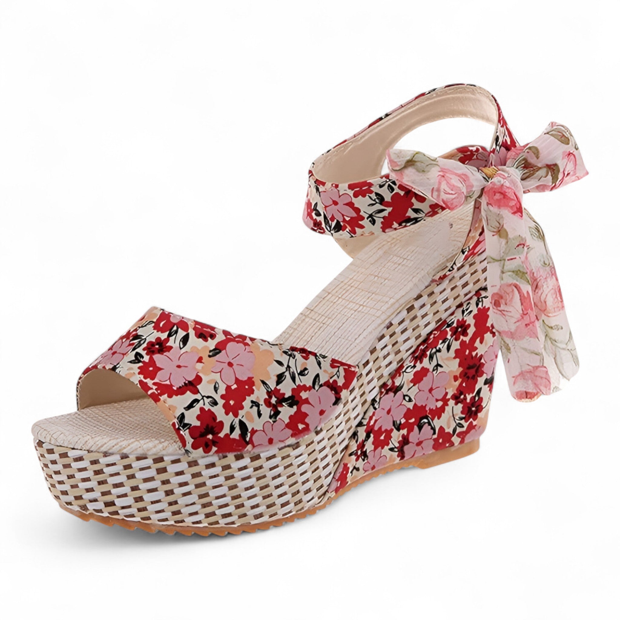 Sandalias florales cómodas para mujer en piel con cuña baja