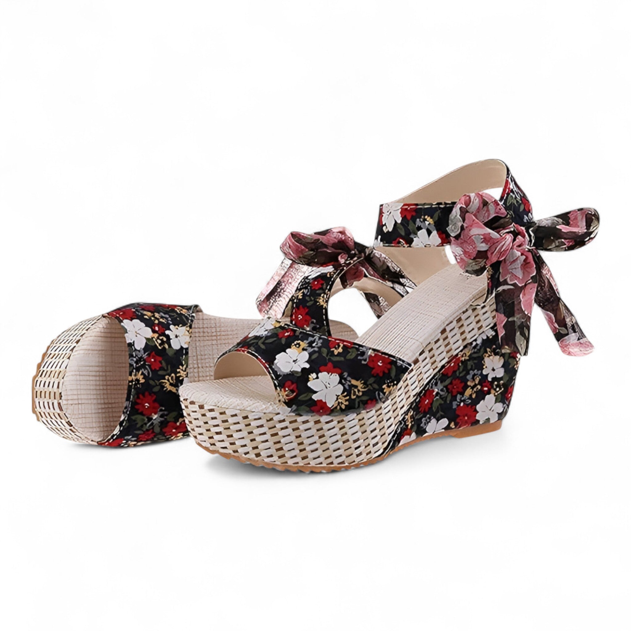 Sandalias florales cómodas para mujer en piel con cuña baja