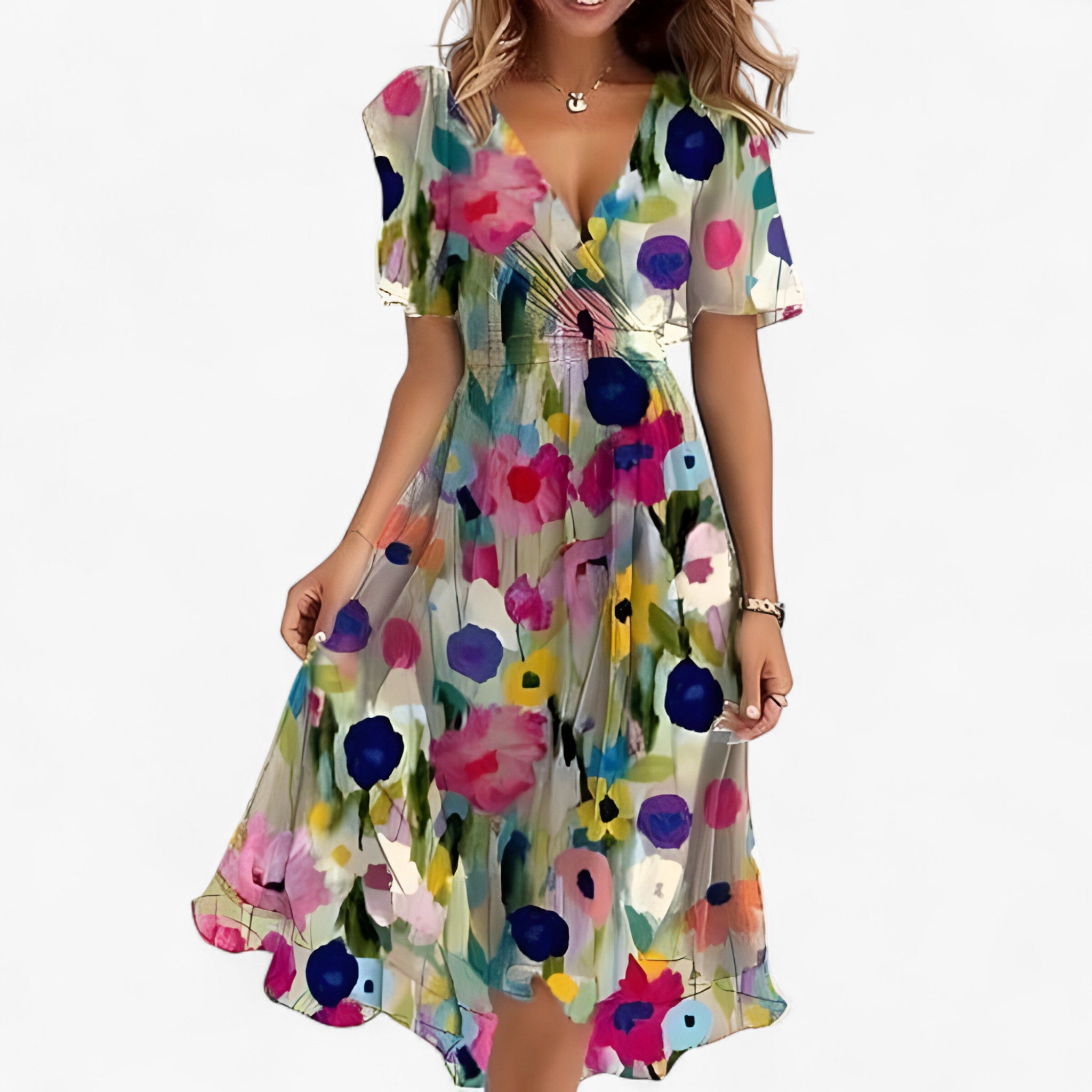 Abito Midi Floreale Neutro in Ecopelle da Donna - Elegante, Versatile - Multicolore - abito abito midi donna DRESS Dresses female dress floral dresses floreale midi neutra pelle - Concept Palermo