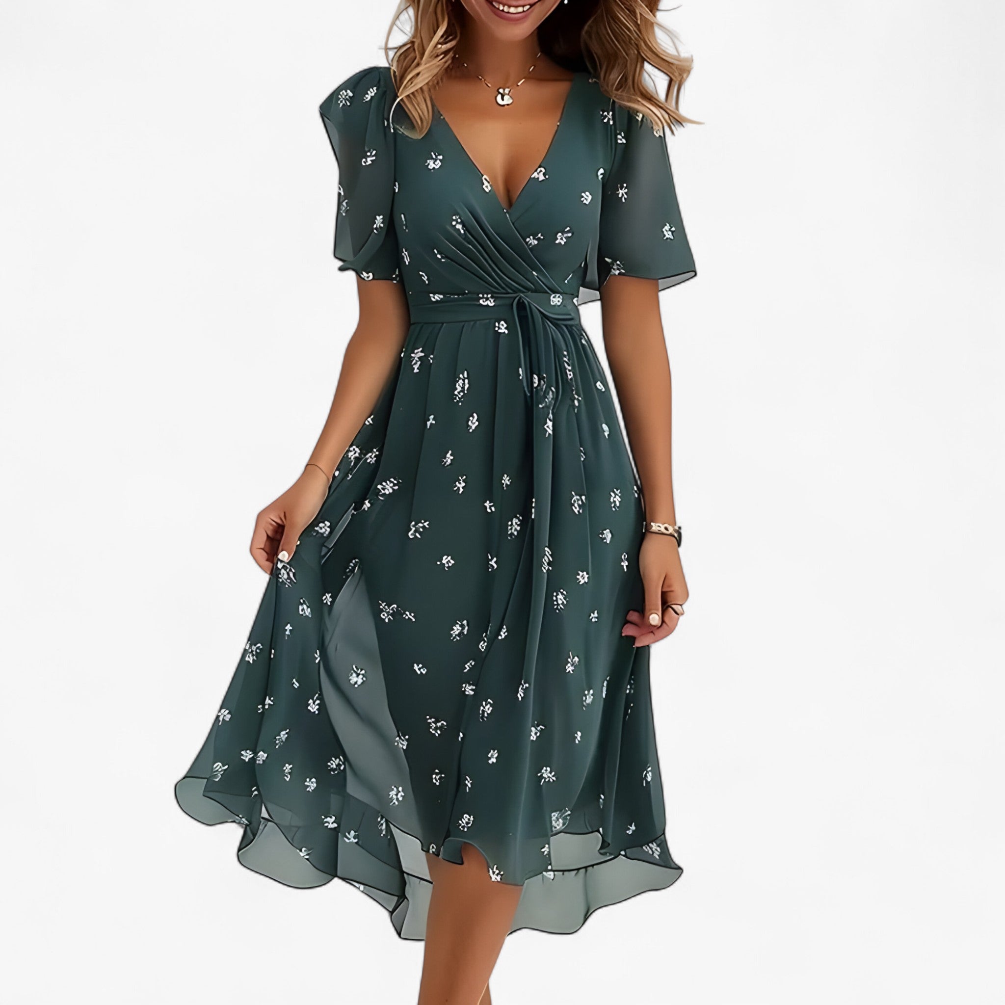 Abito Midi Floreale Neutro in Ecopelle da Donna - Elegante, Versatile - Verde - abito abito midi donna DRESS Dresses female dress floral dresses floreale midi neutra pelle - Concept Palermo