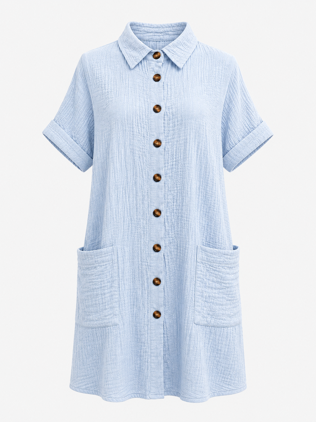 Abito Camicia da Donna a Nido d'Ape con Bottoni Effetto Legno - Azzurro chiaro - abito abito camicetta bottoni camicetta cotone donna dress dresses Frauen Kleider vaffelbomull women - Concept Palermo