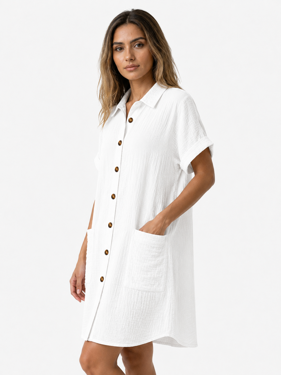 Abito Camicia da Donna a Nido d'Ape con Bottoni Effetto Legno - - abito abito camicetta bottoni camicetta cotone donna dress dresses Frauen Kleider vaffelbomull women - Concept Palermo