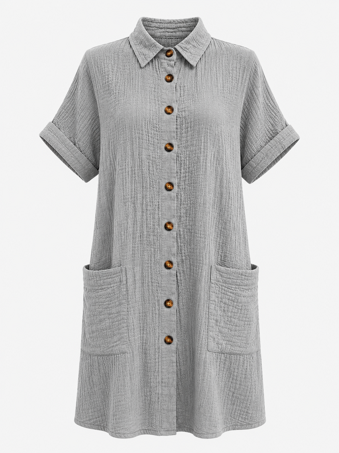 Abito Camicia da Donna a Nido d'Ape con Bottoni Effetto Legno - Grigio - abito abito camicetta bottoni camicetta cotone donna dress dresses Frauen Kleider vaffelbomull women - Concept Palermo