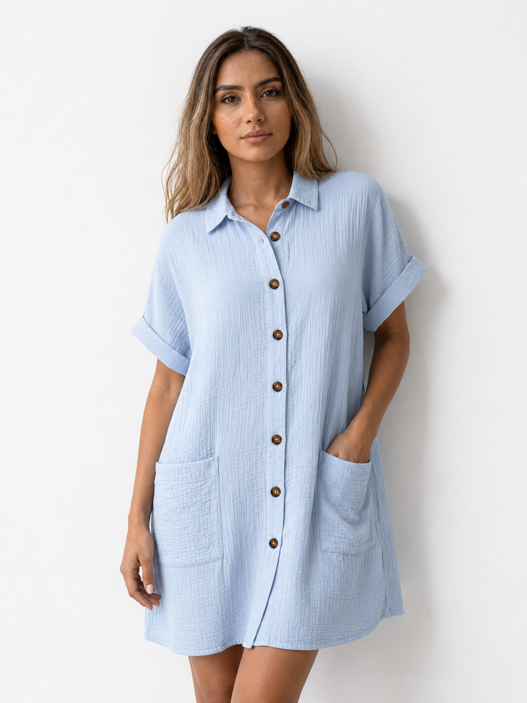Abito Camicia da Donna a Nido d'Ape con Bottoni Effetto Legno - - abito abito camicetta bottoni camicetta cotone donna dress dresses Frauen Kleider vaffelbomull women - Concept Palermo