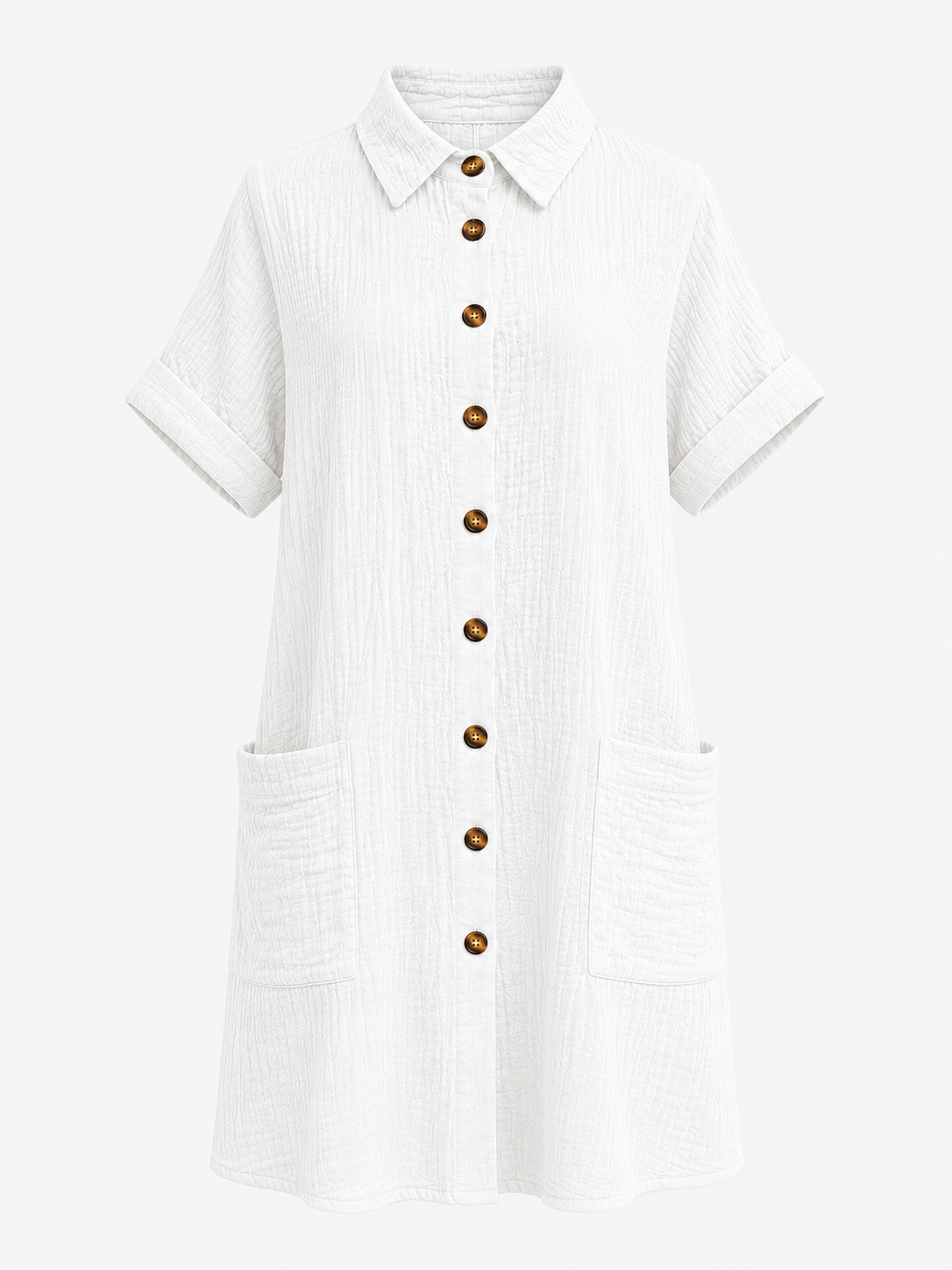 Abito Camicia da Donna a Nido d'Ape con Bottoni Effetto Legno - Bianco - abito abito camicetta bottoni camicetta cotone donna dress dresses Frauen Kleider vaffelbomull women - Concept Palermo