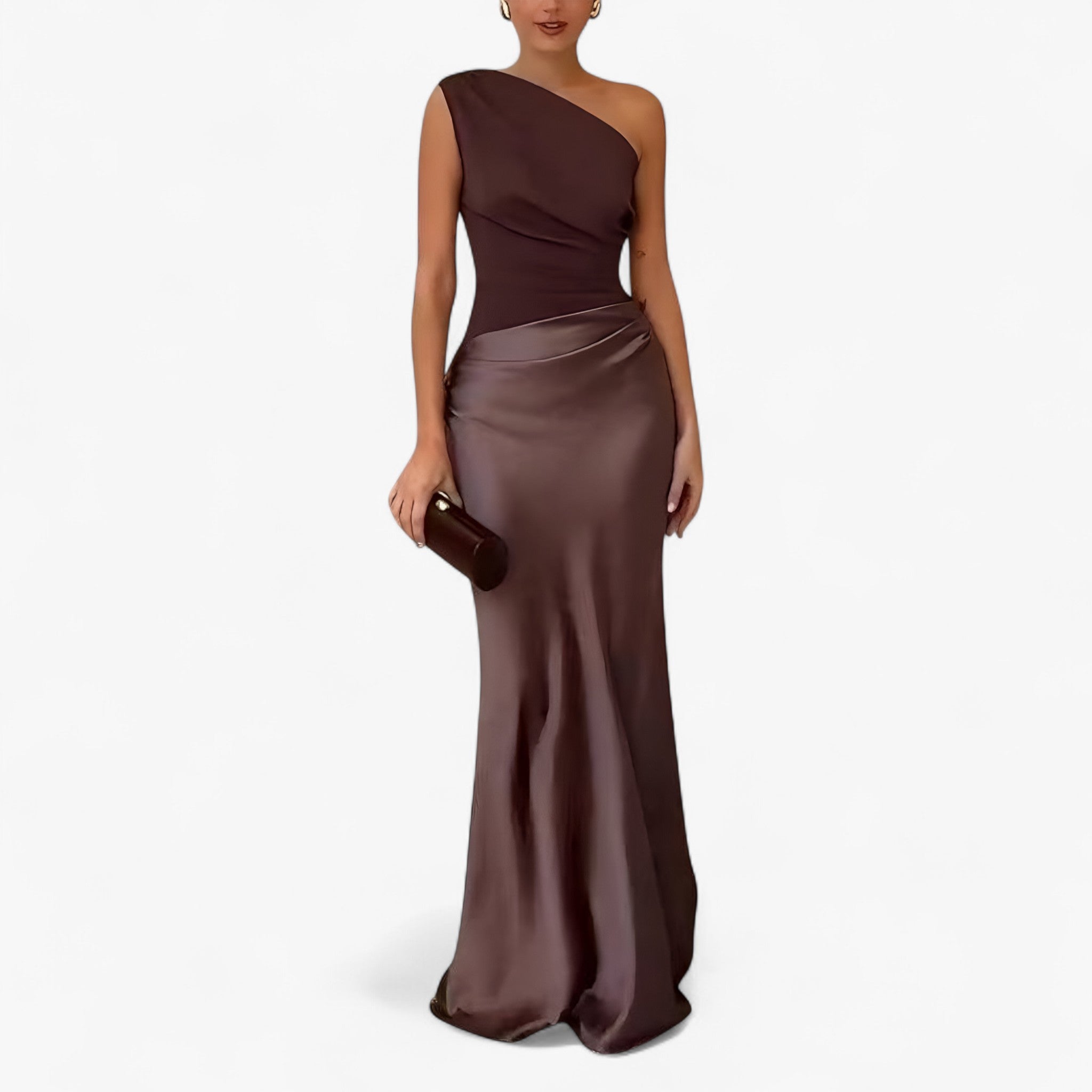 Abito Maxi Asimmetrico da Donna Elegante con Spacco Laterale - Marrone - abito abito da cerimonia abito da matrimonio abito donna abito elegante da donna abito maxi elegante abito spalla unica asimmetrico donna dresses moda donna elegante vestito asimmetrico vestito con pieghe vestito per eventi vestito versatile - Concept Palermo