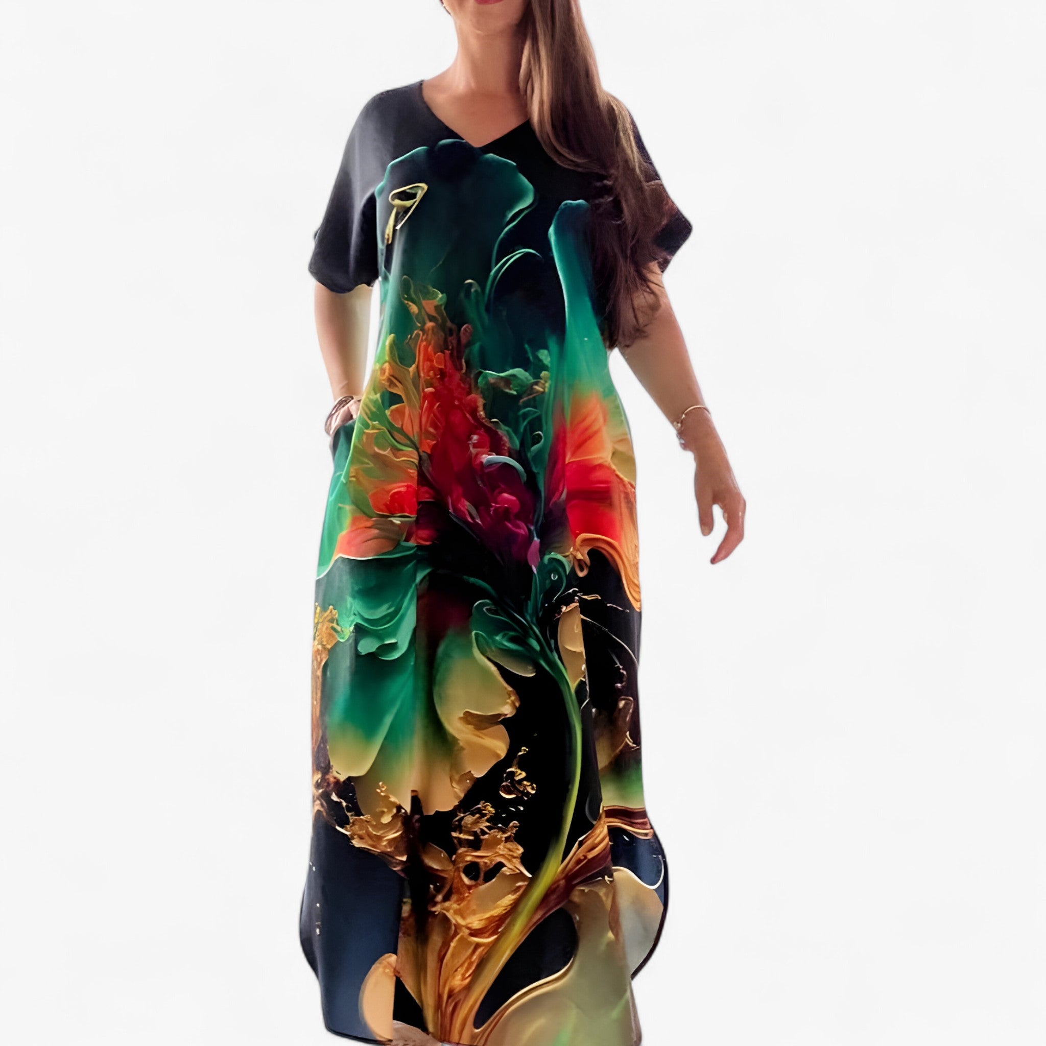 Abito Donna V-Ausschnitt Casual in Tessuto Morbido - Verde - abiti stampati abiti taglie forti abito abito casual donna abito donna abito estivo elegante abito per ogni silhouette ausschnitt casual collezione abiti ampi donna dresses stile casual chic tessuto tessuto morbido vestibilità ampia vestito con V-Ausschnitt - Concept Palermo