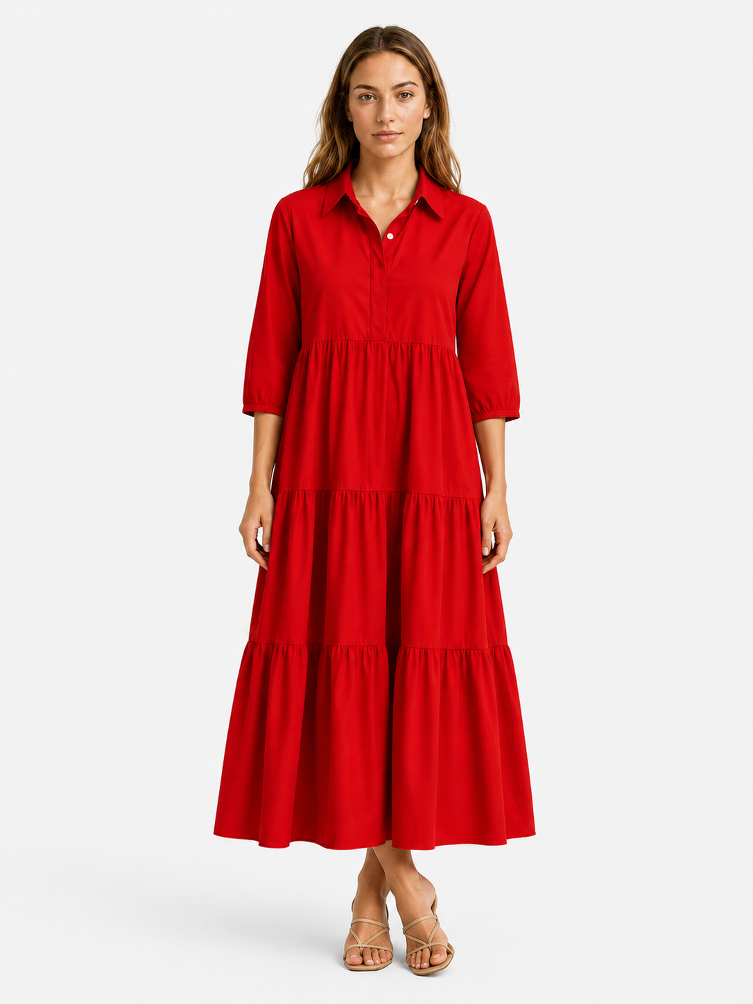 Abito Lungo Donna con Collo a Revers - - abito abito casual semi-formale abito con collo a revers abito donna abito lungo elegante abito per eventi sociali collo comfort traspirante design minimalista donna dresses maniche a tre quarti revers silhouette ampia stile monocromatico vestito donna versatile - Concept Palermo