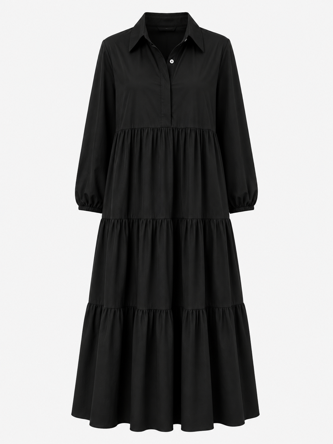 Abito Lungo Donna con Collo a Revers - Nero - abito abito casual semi-formale abito con collo a revers abito donna abito lungo elegante abito per eventi sociali collo comfort traspirante design minimalista donna dresses maniche a tre quarti revers silhouette ampia stile monocromatico vestito donna versatile - Concept Palermo