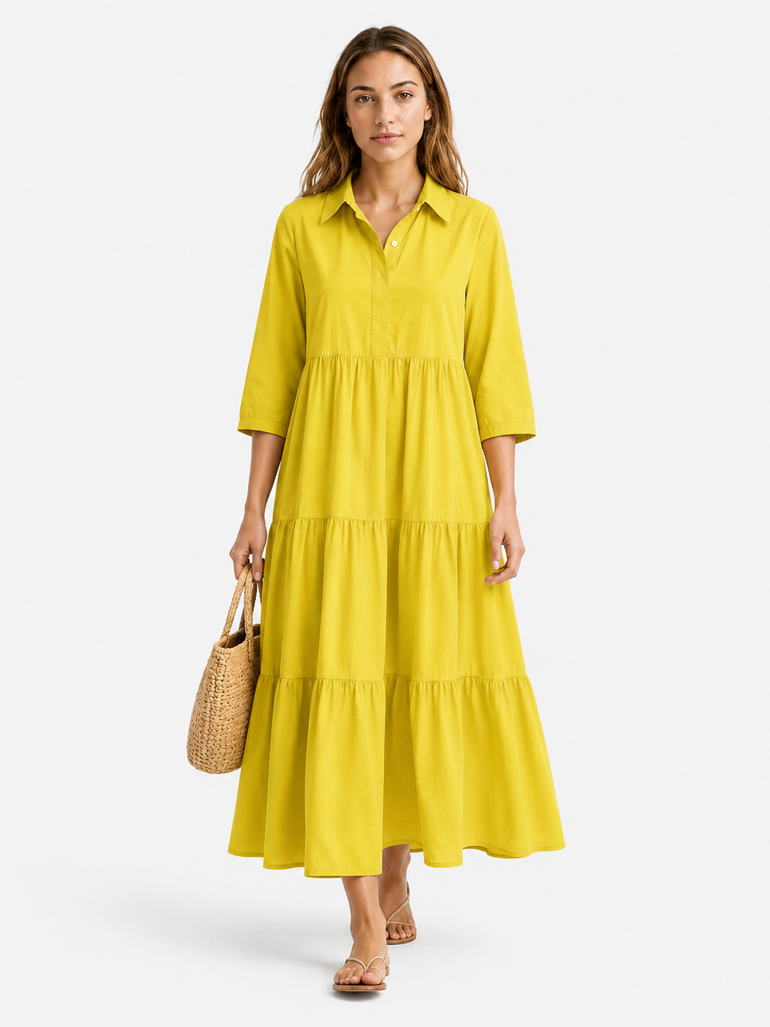 Abito Lungo Donna con Collo a Revers - - abito abito casual semi-formale abito con collo a revers abito donna abito lungo elegante abito per eventi sociali collo comfort traspirante design minimalista donna dresses maniche a tre quarti revers silhouette ampia stile monocromatico vestito donna versatile - Concept Palermo