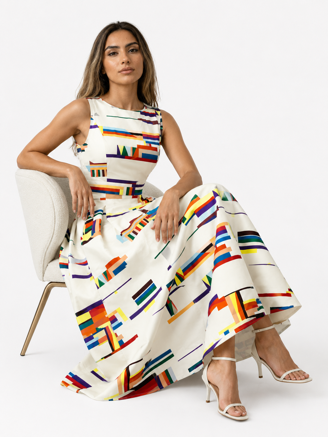 Elegantes Midikleid für Damen mit farbigem abstraktem Druck, A-Linien Faltenrock