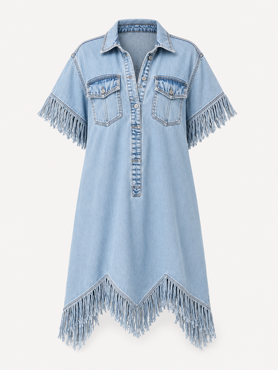 Dakota | Abito Chemisier con Frange in Stile Western - Celeste - abito abito chemisier chemisier dakota denim donna dresses fashion Fashion & Casual frange womens fashion - Concept Palermo