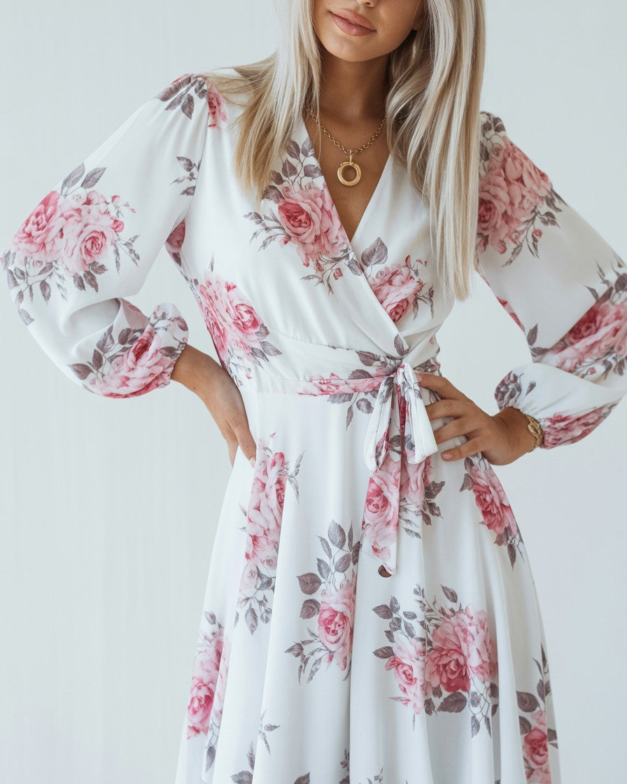 Abito Donna Bianco - - abito abito bianco abito donna abito elegante abito estivo abito lungo abito versatile cintura regolabile donna dresses maniche lunghe scollo a V stampa floreale vestito da cerimonia - Concept Palermo