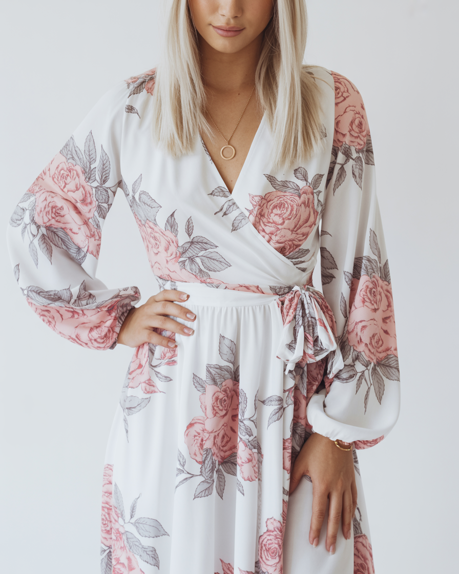 Abito Donna Bianco - - abito abito bianco abito donna abito elegante abito estivo abito lungo abito versatile cintura regolabile donna dresses maniche lunghe scollo a V stampa floreale vestito da cerimonia - Concept Palermo