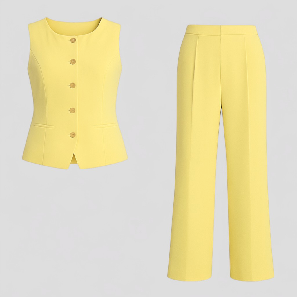 Completo Donna Elegante in Lino Bianco con Pantaloni e Blusa per Estate - Giallo - abbigliamento estivo abbigliamento femminile completo completo donna completo elegante design raffinato donna moda giorno e sera occasione ogni outfit sets outfit versatile set coordinato elegante set di moda stile casual tessuto leggero - Concept Palermo