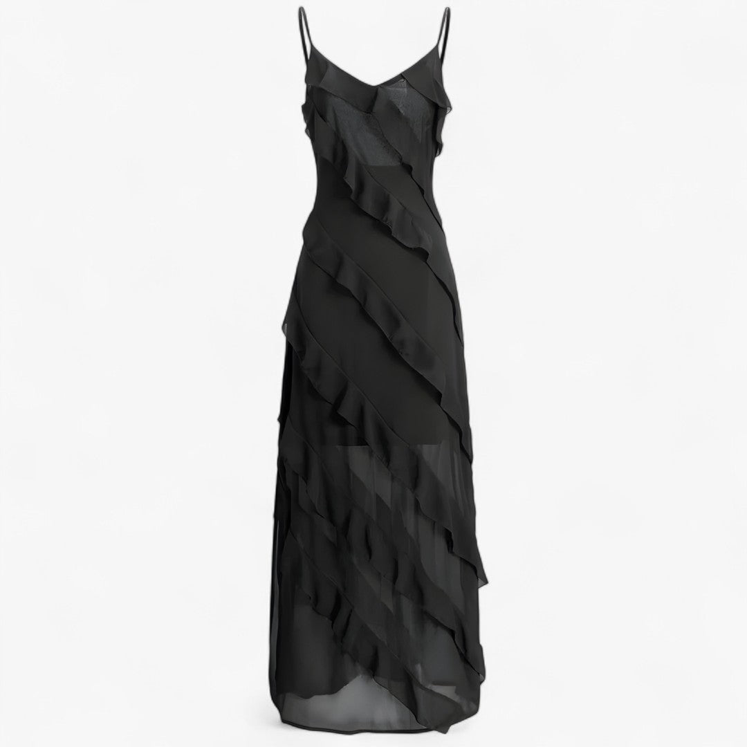 Abito lungo con spalline sottili e volant a strati Uomo - Nera - abito abito spalline DRESS Dresses female dress Maxi Dresses Mini Dresses sottili spalline strati uomo volant - Concept Palermo