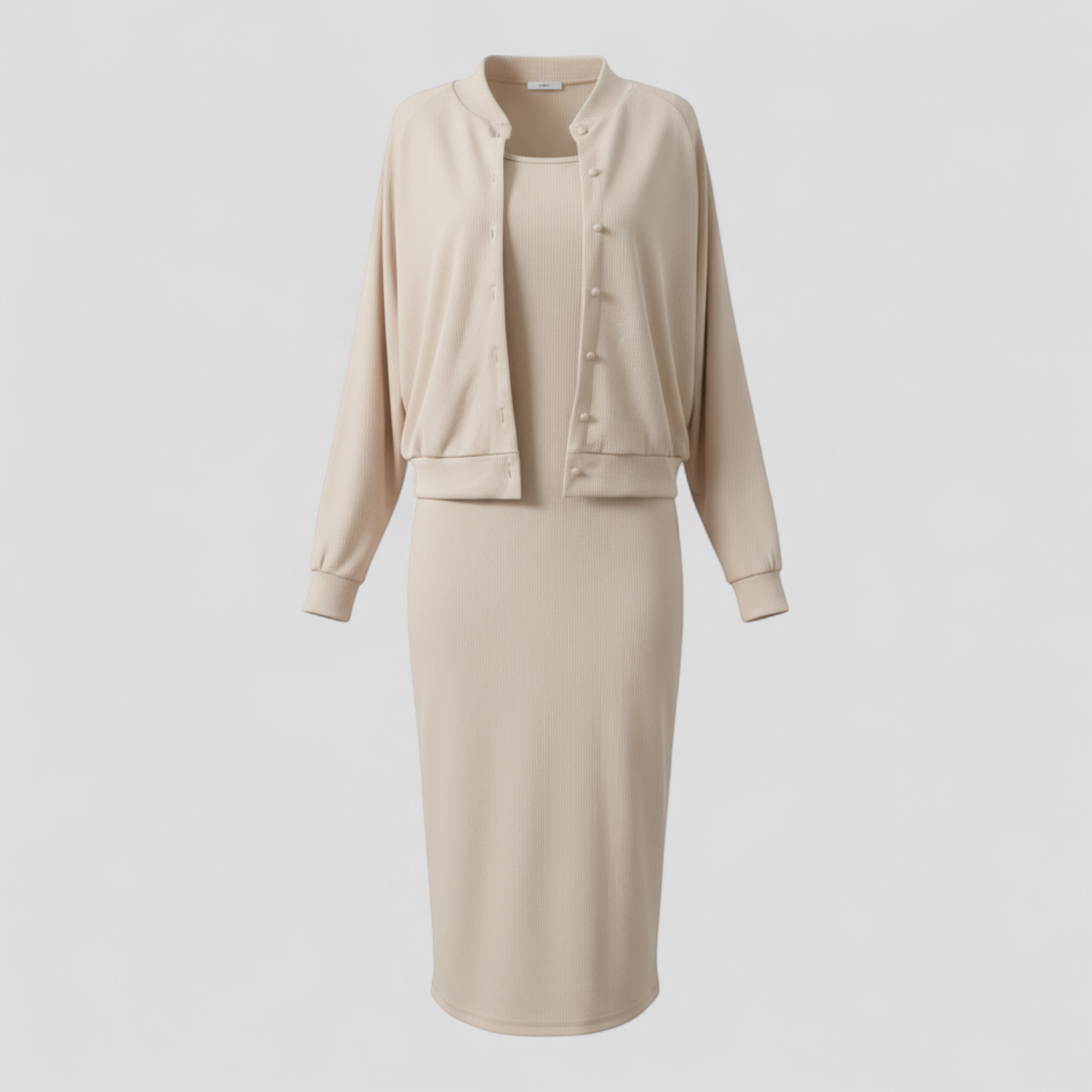 Abito Midi con Cardigan Abbinato Donna - Beige - abbigliamento casual abbinato abito abito midi abito versatile cardigan cardigan elegante donna midi moda femminile outfit formale outfit sets stile comodo tessuto di alta qualità - Concept Palermo