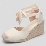 Beige Dames Espadrilles met Sleehak van Doek en Enkelbandjes - Comfortabel en Elegant