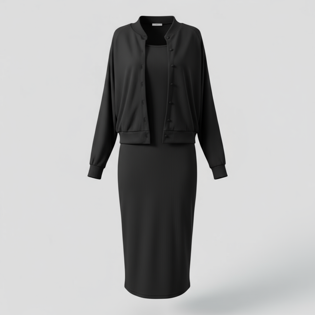 Abito Midi con Cardigan Abbinato Donna - Nero - abbigliamento casual abbinato abito abito midi abito versatile cardigan cardigan elegante donna midi moda femminile outfit formale outfit sets stile comodo tessuto di alta qualità - Concept Palermo
