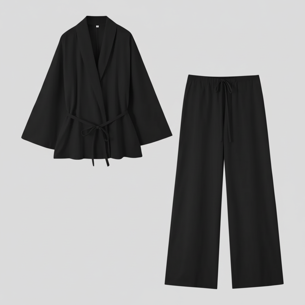 Kimono Elegante in Lino da Donna con Cintura - Perfetto per Estate e Primavera - Nero - cintura clothing kimono kimono lino lino outfit outfit sets topwear trouser women - Concept Palermo