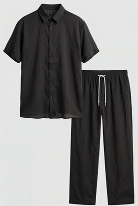 Completo Estivo Uomo Lino Casual: Camicia Maniche Corte & Pantaloni Leggeri con Coulisse - Nero - abbinati bottoni camicia completo completo composto composto corte coulisse Linen Solid suits suits and pants Unisex - Concept Palermo