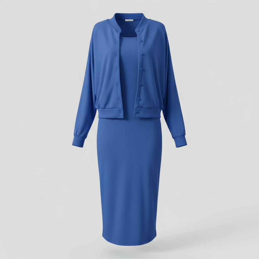 Abito Midi con Cardigan Abbinato Donna - Blu - abbigliamento casual abbinato abito abito midi abito versatile cardigan cardigan elegante donna midi moda femminile outfit formale outfit sets stile comodo tessuto di alta qualità - Concept Palermo