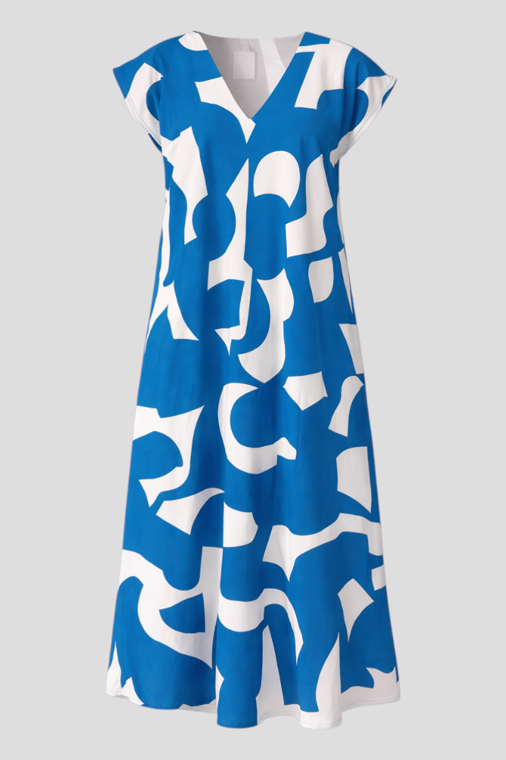 Vestito Lungo Donna Estivo in Viscosa con Fantasia Floreale Astratta Elegante S-XL - Blu - abito abito donna abito estivo abito lungo abito maxy astratta donna dresses materiale leggero maxy moda femminile scollatura a V stampa stampa astratta stile artistico taglie disponibili vestibilità comoda - Concept Palermo