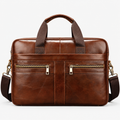 Bolso de hombre de cuero auténtico marrón con doble bolsillo frontal y correa para el hombro