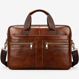 Bolso de hombre de cuero auténtico marrón con doble bolsillo frontal y correa para el hombro