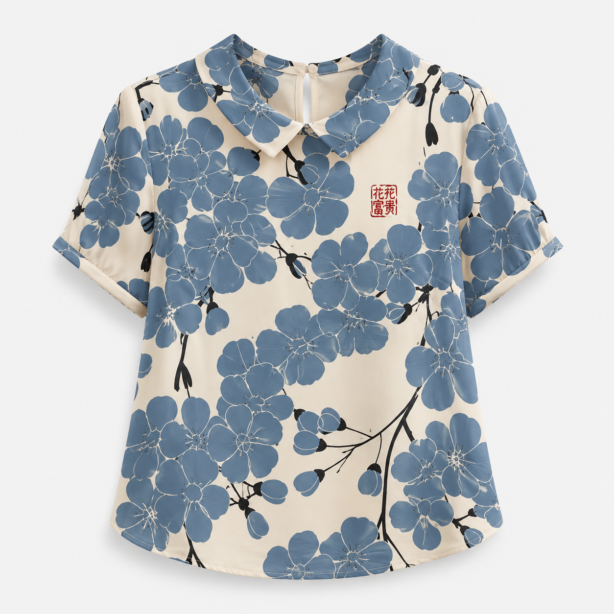 Camicia Floreale Elegante da Donna in Poliestere – Motivo Stampato - Bianco con fiori blu - camicia camicia stampata stampata women's top clothes - Concept Palermo
