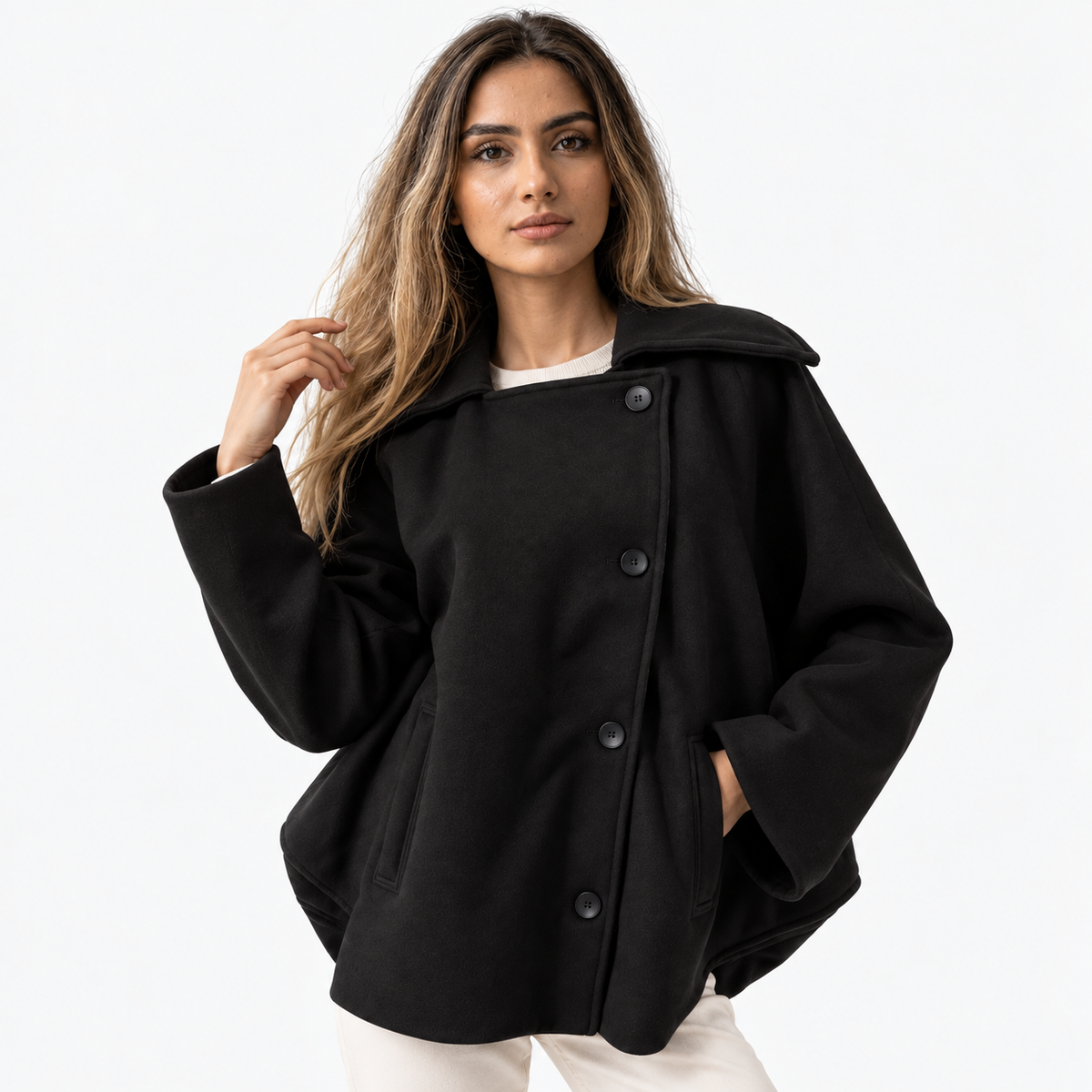 Cappotto Donna Oversize in Poliestere con Colletto e Bottoni - - abbigliamento donna abito invernale cappotti e giacche da donna cappotto cappotto caldo cappotto donna cappotto eleganza cappotto invernale cappotto lana cappotto lungo cappotto oversize donna donna moda trendy oversize Solid stile invernale Women Wool - Concept Palermo