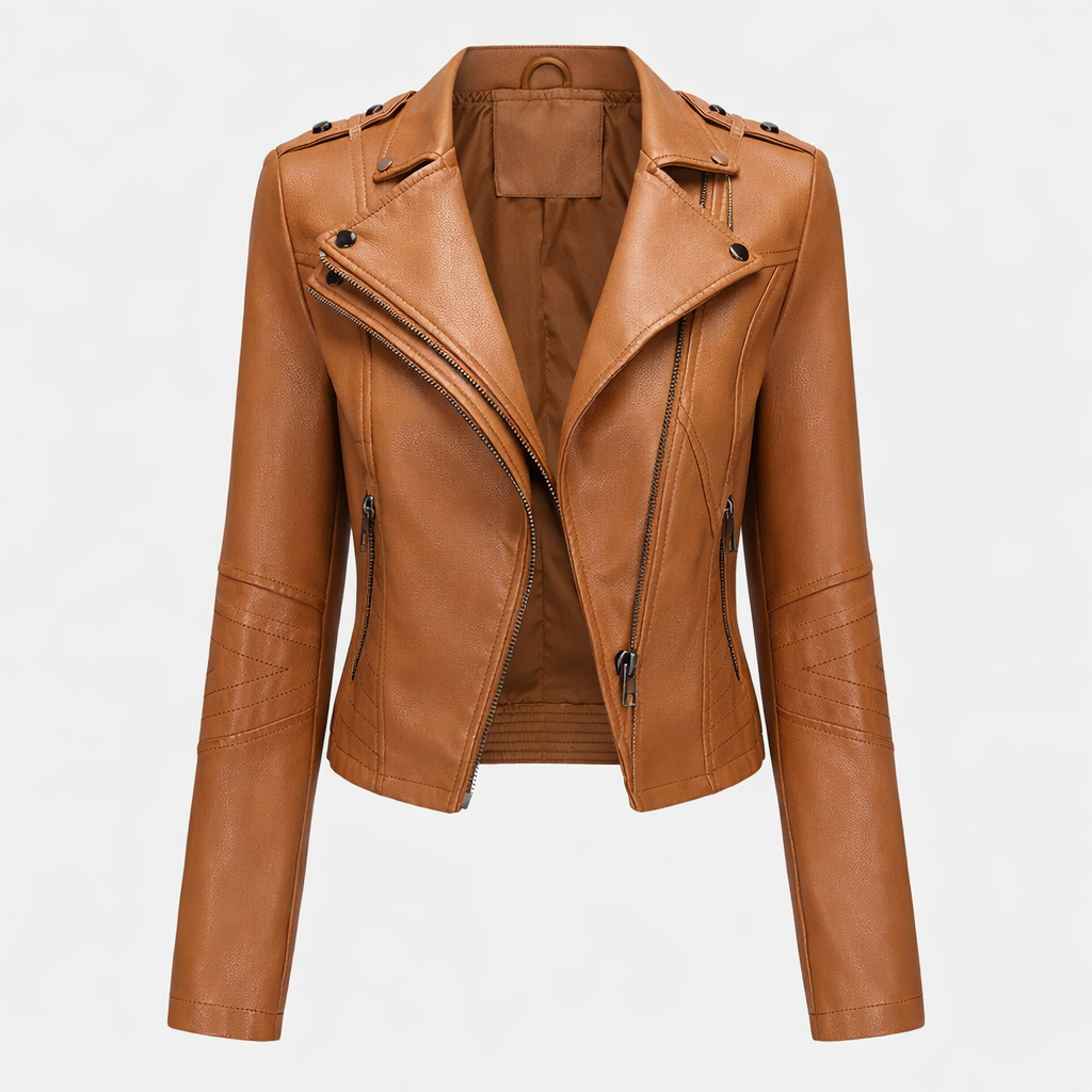 Giacca Biker Donna Nera in Poliestere - Stile Moto Elegante e Confortevole - Cammello - collo collo alto donna giacca giacca asimmetrica giacca casual giacca da donna giacca elegante giacca in pelle giacca inverno giacca nera giacca pelle giacche da donna moda donna nera pelle pelle nera stile motociclista - Concept Palermo
