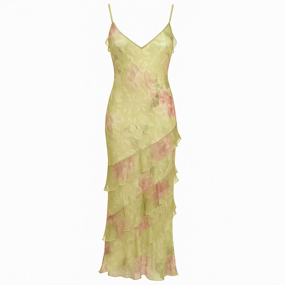 Abito Midi Floreale Donna Elegante Pastello Estivo a Strati per Cerimonia - Oro - donna dresses fiori fiori pastello pastello shop now strati trendy fashion women - Concept Palermo