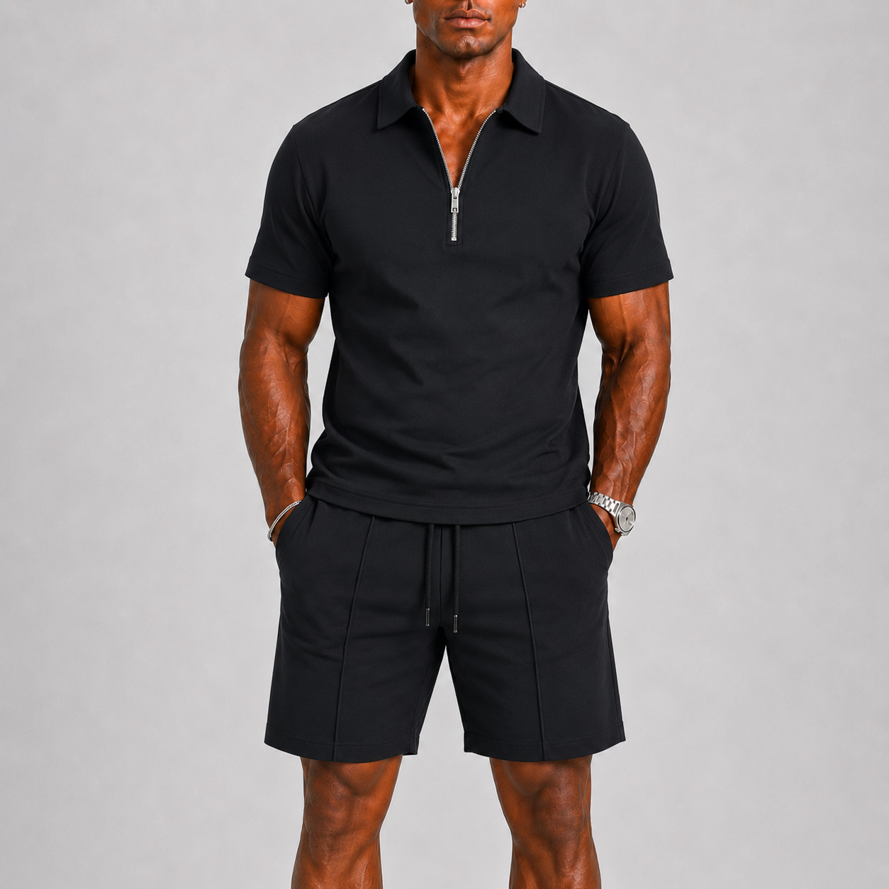 Polo da Uomo con Cerniera e Pantaloncini Set Estivo - Nero - casual casual chic citytrip outfit comfortabel completo estivo dagelijks gebruik heren mode heren set korte broek set lente zomer lunelle luxe uitstraling modern polo polo korte mouwen polo set ritssluiting set uomo short set smart casual sportief stijlvol strakke pasvorm terras outfit trekkoord vakantie stijl veelzijdig zomers zomerset - Concept Palermo