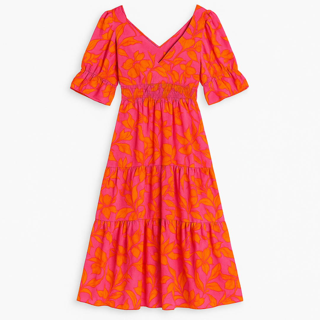 Abito lungo floreale vivace con maniche a sbuffo Donna - Rosa fucsia con stampa floreale arancione intenso - abito abito floreale donna DRESS Dresses female dress floreale maniche Maxi Dresses Mini Dresses sbuffo vivace - Concept Palermo