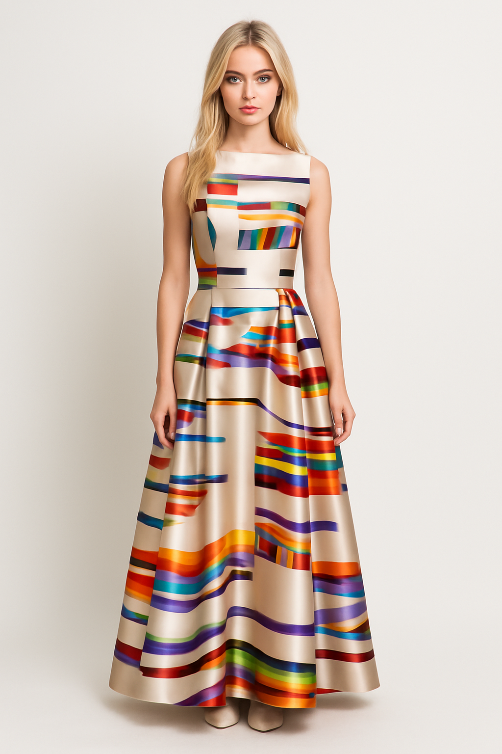 Abito Midi Donna Elegante Stampa Astratta Colorata, Gonna a Pieghe A-Line - - abito abito midi astratta casual dress casual dresses colorata donna DRESS Dresses female dress gonna Maxi dress Maxi Dresses midi - Concept Palermo
