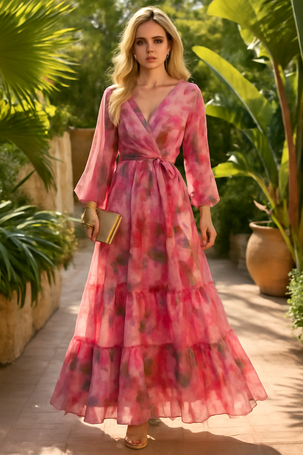 Eleganza floreale: abito lungo rosa a strati con cintura in vita Pelle Donna - - abito cintura donna DRESS Dresses eleganza eleganza floreale female dress floreale Maxi Dresses pelle - Concept Palermo