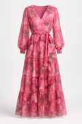 Eleganza floreale: abito lungo rosa a strati con cintura in vita Pelle Donna