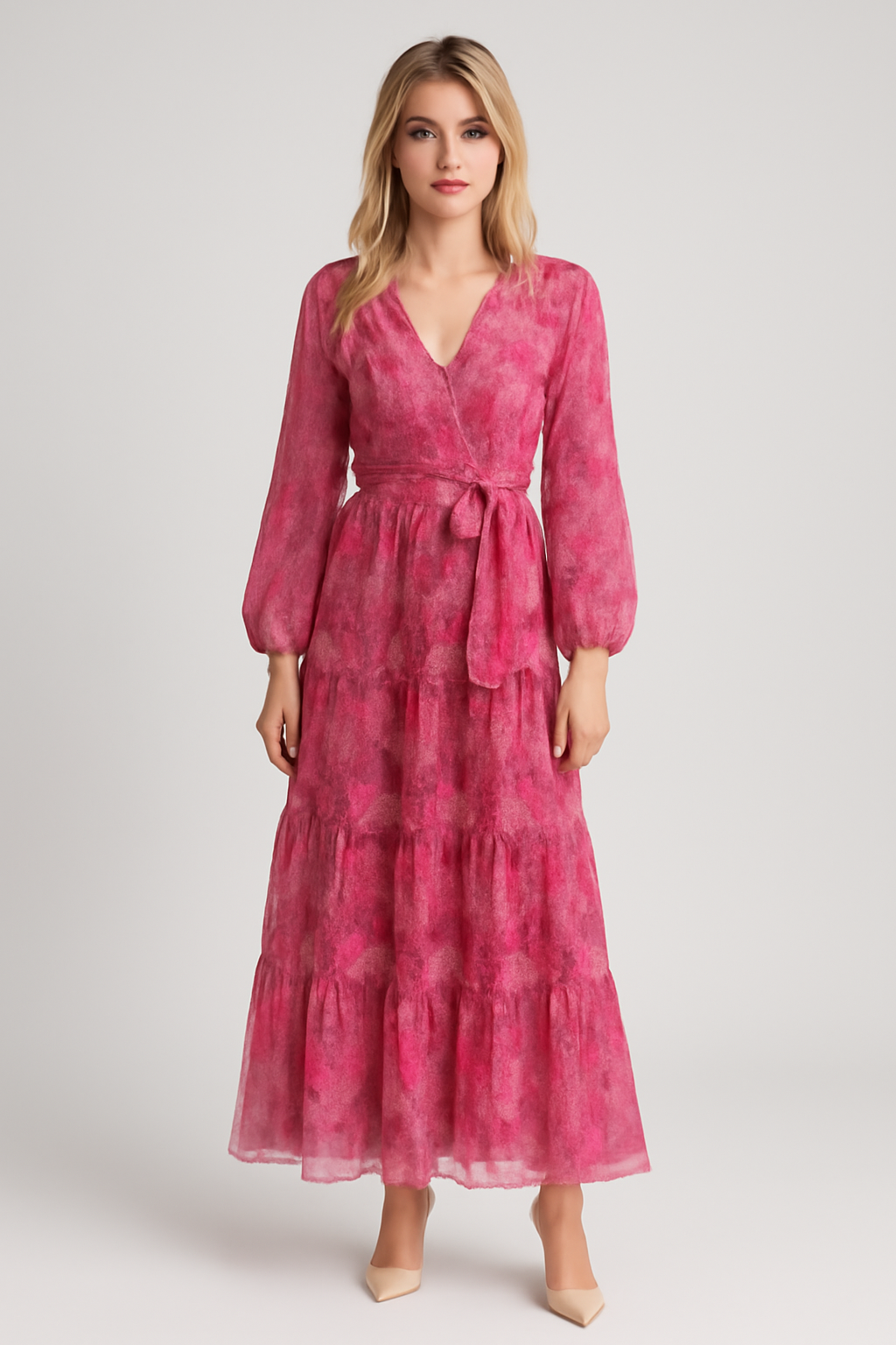 Eleganza floreale: abito lungo rosa a strati con cintura in vita Pelle Donna - - abito cintura donna DRESS Dresses eleganza eleganza floreale female dress floreale Maxi Dresses pelle - Concept Palermo