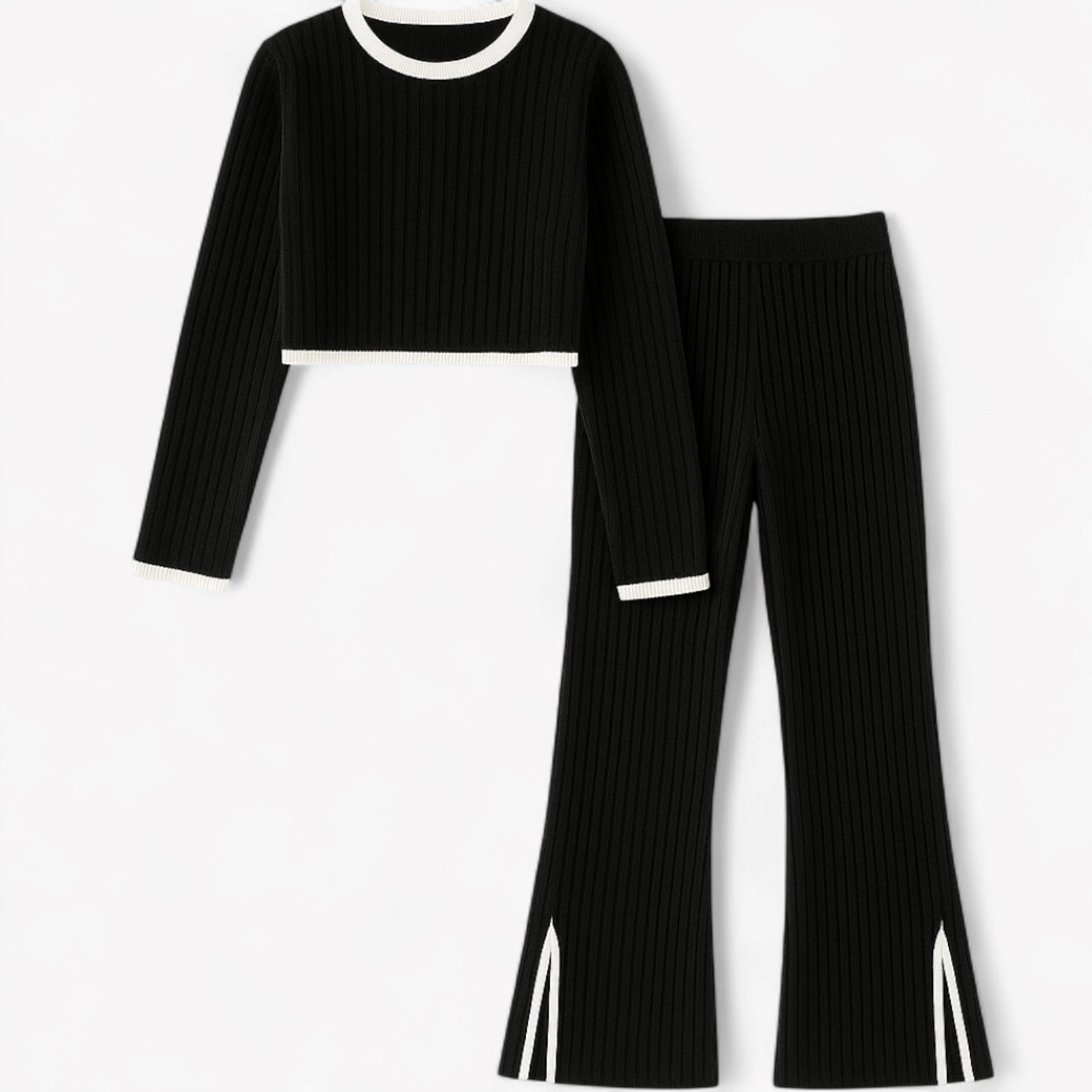 Completo da casa a coste con dettagli a contrasto, 2 pezzi Donna - Nero set - casa Complete Outfit completo completo casa contrasto coste dettagli donna Going out dress outfit set outfit sets - Concept Palermo