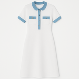 Lange witte gebreide jurk met denim afwerking leer Dames