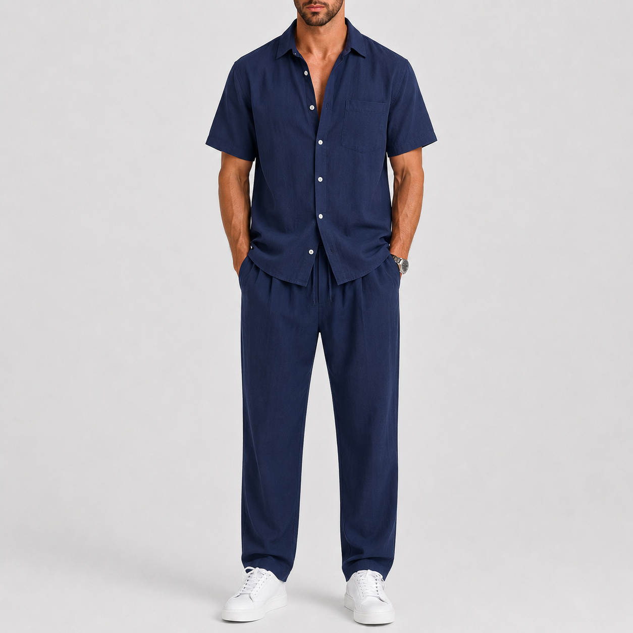 Completo Estivo da Uomo con Camicia e Pantaloni Larghi - Blu navy - bewegingsvrijheid borstzak broek set casual casual chic comfortabel completo uomo heren mode heren set knoopsluiting lente zomer lichtgewicht linnen look losse pasvorm luchtig lunelle minimalistisch overhemd korte mouwen overhemd set reis outfit relaxte pasvorm set estivo smart casual strand stijl terras outfit vakantie stijl veelzijdig wijde broek zomers zomerset Zomersets - Concept Palermo