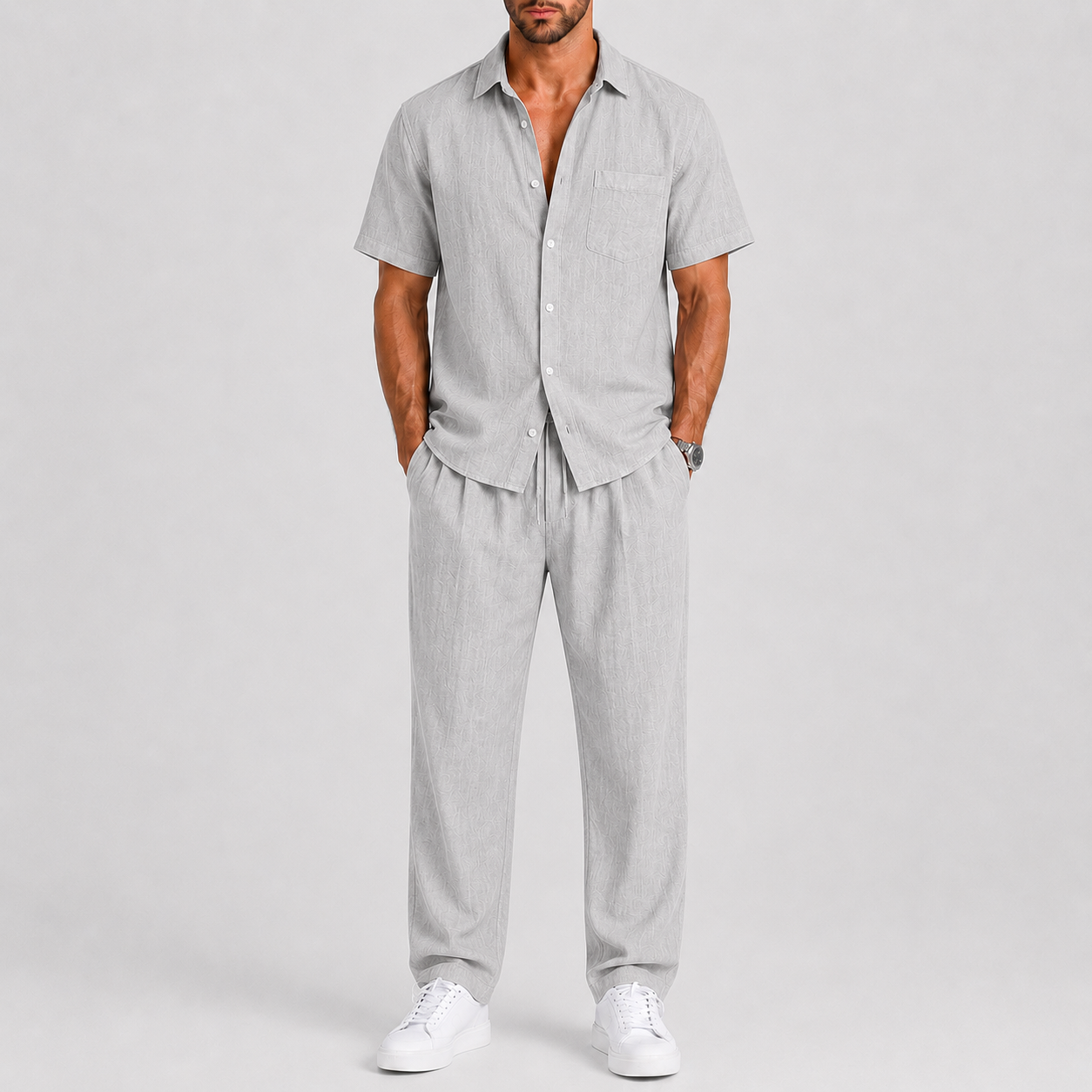 Completo Estivo da Uomo con Camicia e Pantaloni Larghi - Grigio - bewegingsvrijheid borstzak broek set casual casual chic comfortabel completo uomo heren mode heren set knoopsluiting lente zomer lichtgewicht linnen look losse pasvorm luchtig lunelle minimalistisch overhemd korte mouwen overhemd set reis outfit relaxte pasvorm set estivo smart casual strand stijl terras outfit vakantie stijl veelzijdig wijde broek zomers zomerset Zomersets - Concept Palermo