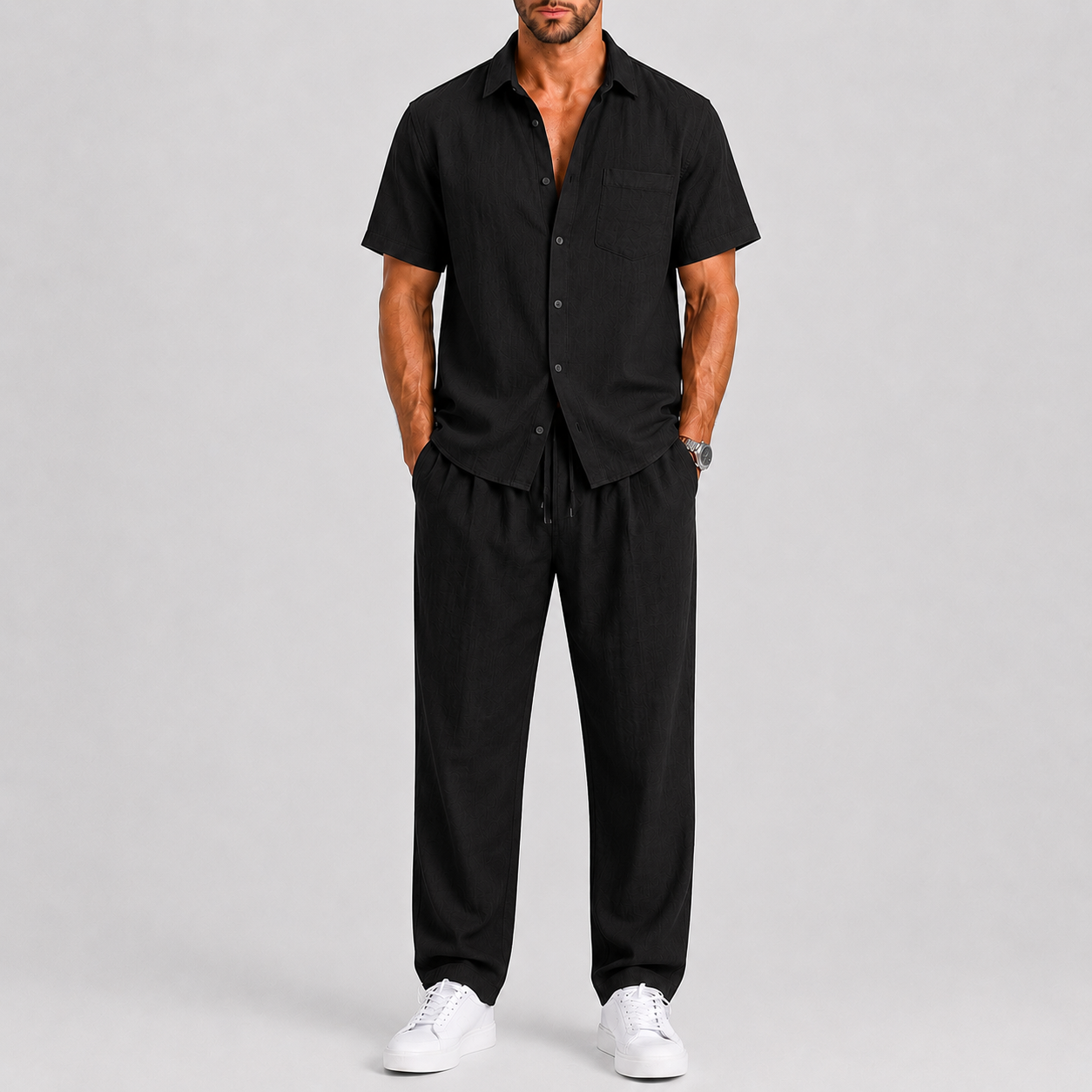 Completo Estivo da Uomo con Camicia e Pantaloni Larghi - Nero - bewegingsvrijheid borstzak broek set casual casual chic comfortabel completo uomo heren mode heren set knoopsluiting lente zomer lichtgewicht linnen look losse pasvorm luchtig lunelle minimalistisch overhemd korte mouwen overhemd set reis outfit relaxte pasvorm set estivo smart casual strand stijl terras outfit vakantie stijl veelzijdig wijde broek zomers zomerset Zomersets - Concept Palermo