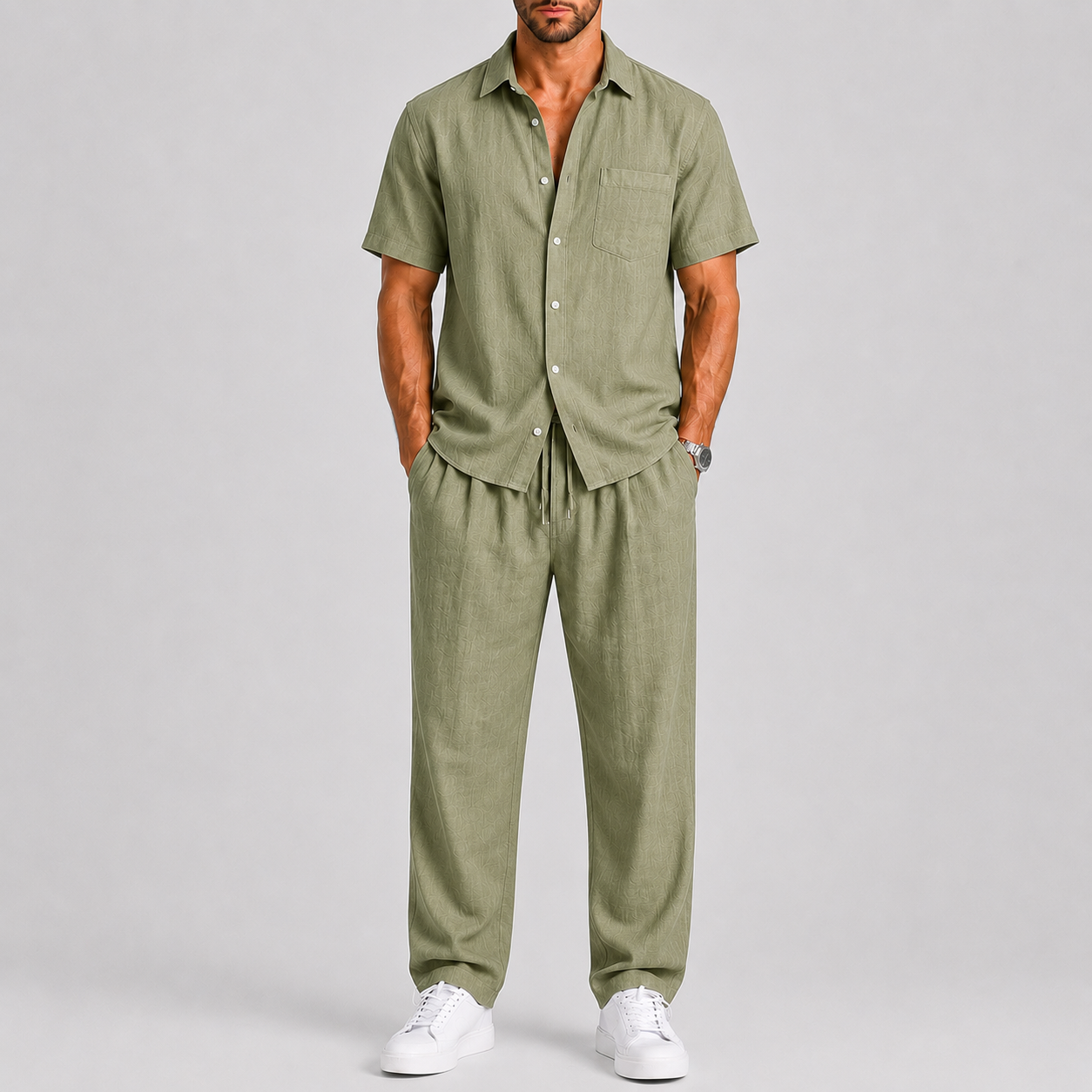 Completo Estivo da Uomo con Camicia e Pantaloni Larghi - Verde - bewegingsvrijheid borstzak broek set casual casual chic comfortabel completo uomo heren mode heren set knoopsluiting lente zomer lichtgewicht linnen look losse pasvorm luchtig lunelle minimalistisch overhemd korte mouwen overhemd set reis outfit relaxte pasvorm set estivo smart casual strand stijl terras outfit vakantie stijl veelzijdig wijde broek zomers zomerset Zomersets - Concept Palermo