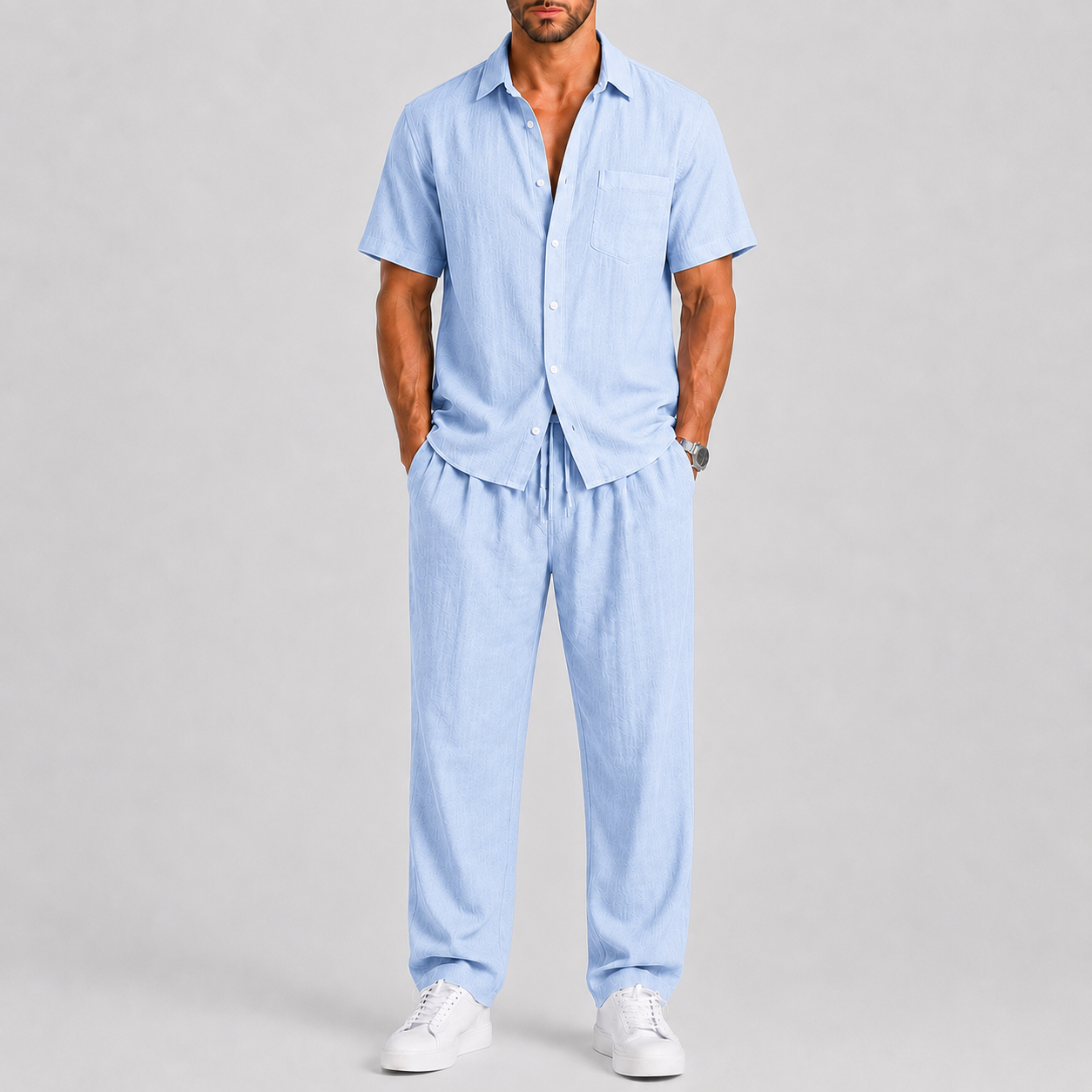 Completo Estivo da Uomo con Camicia e Pantaloni Larghi - Azzurro - bewegingsvrijheid borstzak broek set casual casual chic comfortabel completo uomo heren mode heren set knoopsluiting lente zomer lichtgewicht linnen look losse pasvorm luchtig lunelle minimalistisch overhemd korte mouwen overhemd set reis outfit relaxte pasvorm set estivo smart casual strand stijl terras outfit vakantie stijl veelzijdig wijde broek zomers zomerset Zomersets - Concept Palermo