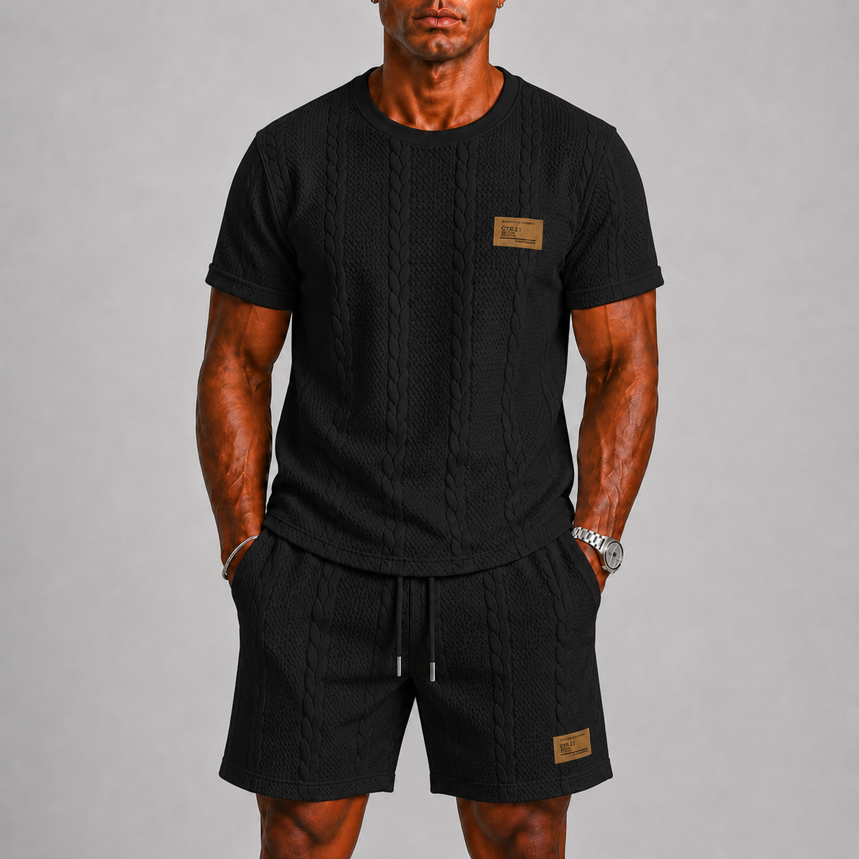 Completo Estivo da Uomo con T-shirt e Pantaloncini - Nero - abbigli ademend casual comfortabel completo uomo gebreide structuur heren mode heren set korte broek set lente zomer lichtgewicht lunelle minimalistisch modern reis outfit ronde hals set estivo short set stijlvol strand stijl t-shirt set trekkoord vakantie stijl veelzijdig zomers zomerset - Concept Palermo