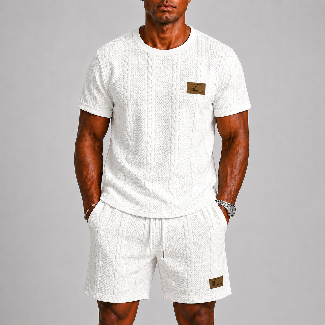 Completo Estivo da Uomo con T-shirt e Pantaloncini - Bianco - abbigli ademend casual comfortabel completo uomo gebreide structuur heren mode heren set korte broek set lente zomer lichtgewicht lunelle minimalistisch modern reis outfit ronde hals set estivo short set stijlvol strand stijl t-shirt set trekkoord vakantie stijl veelzijdig zomers zomerset - Concept Palermo