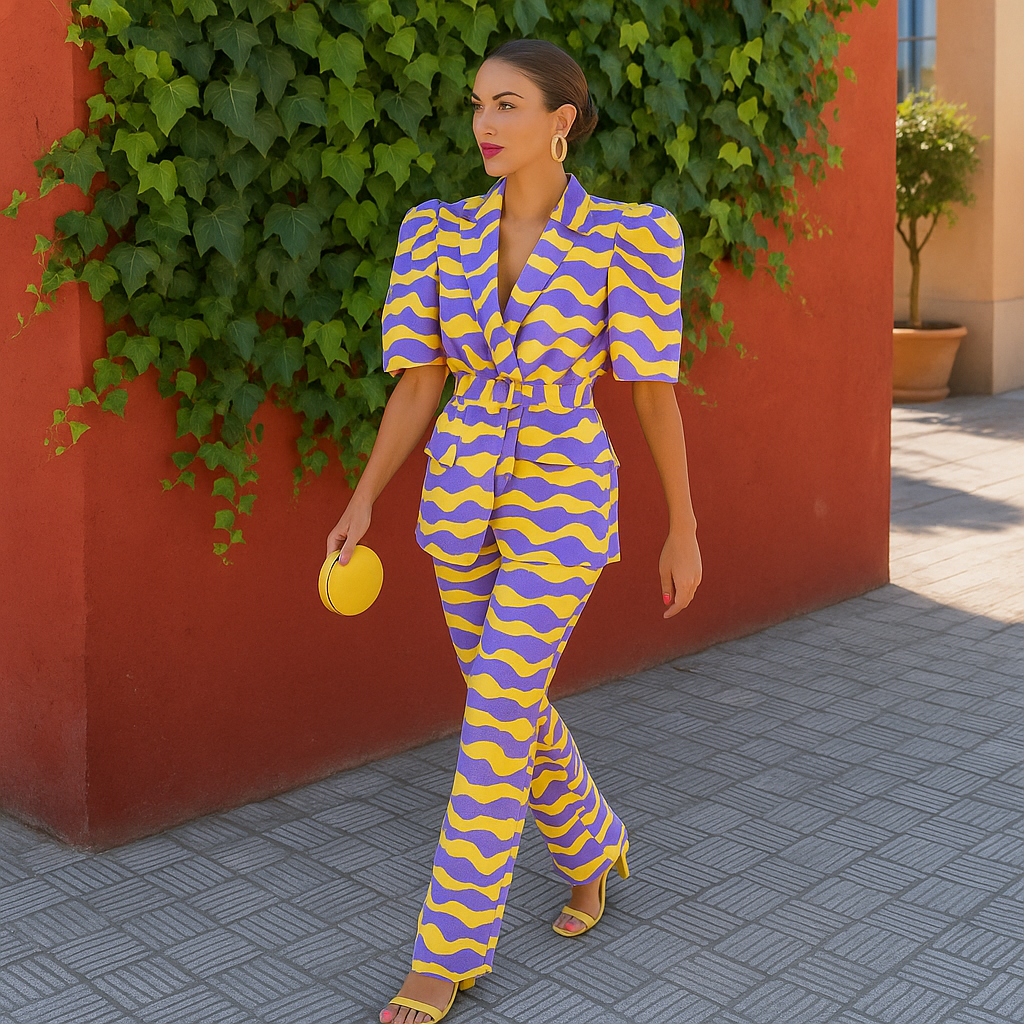 Completo Solara con maniche a sbuffo e stampa astratta viola e gialla - - astratta completo completo solara gialla maniche outfit sets sbuffo Sets solara Woman - Concept Palermo